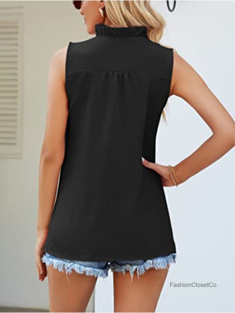 Women's Ruffle Tank Top V Neck Sleeveless Blouse with Button Front - Picture 2 of 6